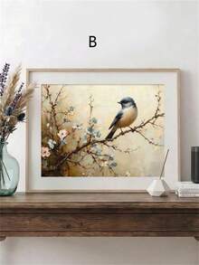 1 pieza Póster Vintage El Pájaro se Posó en la Rama, Impresión de Arte de Flores en Flor, Decoración de Granja, Pintura de Moda Rendy para Dormitorio, Sala de Estar, Cocina, Hogar, Decoración, Regalo de Decoración de Halloween y Navidad, Material de Lienzo, Marco Opcional - Multicolor - Ver 5