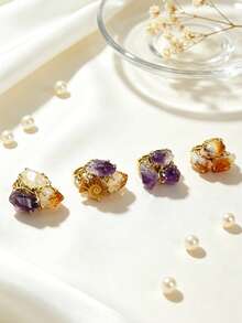 (Natural Stone And Conch Shape Color Random) 1pc Fashion Elegant Natural Stone Amethyst Citrine Conch Women's Gold Copper Material Ring (Suitable For Casual Gift Daily Wear) - Style 1 - View 4