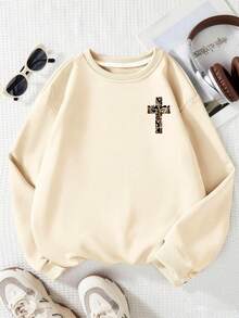 Big Boys Cross Pattern Print Crew Neck Sweatshirt, Comfortable Autumn/Winter Top - Apricot - View 4