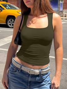 Women Square Neck Wide Strap Stretchy Slim Fit Crop Tank Top Basic Casual Camisole For Vacation Beach Street Daily Outdoor Wear - 軍綠色 - 查看 11