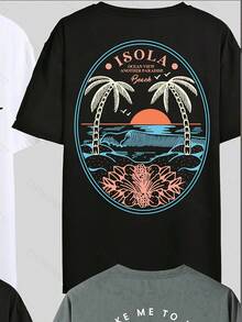 Four Men's T-Shirts, Featuring Designs Of Coconut Trees, Summer Coconuts, Spiky Coconuts, And Mountain Landscapes.These Short-Sleeved T-Shirts With A - Black - View 2