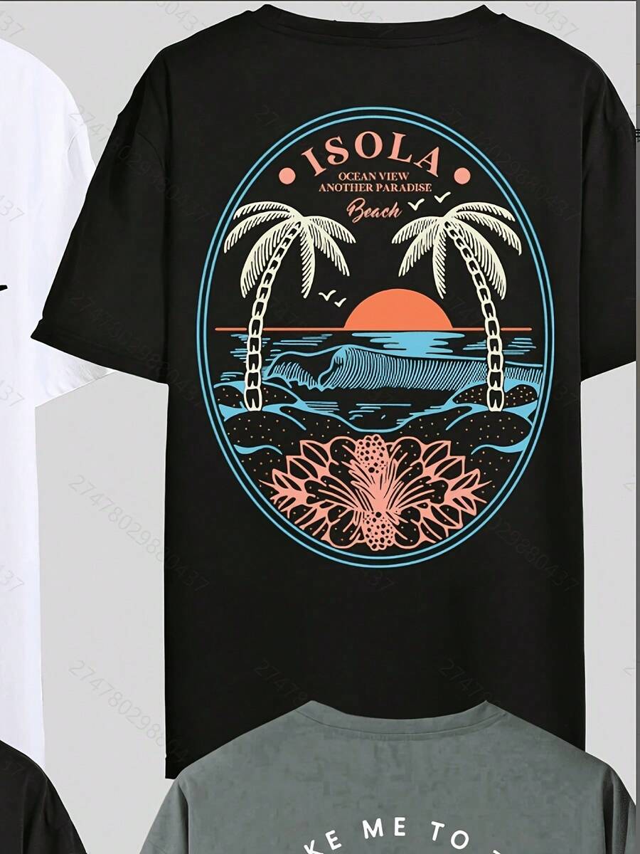 Four Men's T-Shirts, Featuring Designs Of Coconut Trees, Summer Coconuts, Spiky Coconuts, And Mountain Landscapes.These Short-Sleeved T-Shirts With A