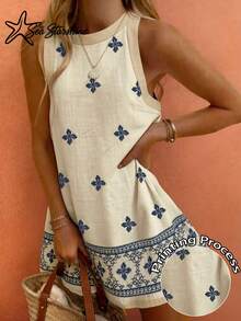 Women's Beach Vacation Floral Sleeveless Dress, Patchwork Embroidery Print Design Elegant Summer - Apricot - View 2
