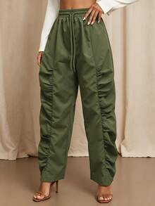 Women's Spring/Autumn Casual Elegant College Airport Outfit Ruffle Drawstring Pocket Single Piece Solid Color Woven Fabric Long Pants - Army Green - View 3