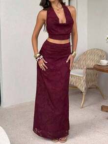 Unadoll Women Fall Burgundy Halter 2 Piece Set,Cowl Back Tie Crop Top Midi Skirt For Birthday Cocktail Party Going Out - Burgundy - View 5