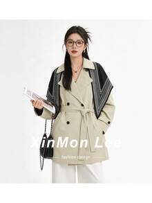 女款時尚百搭日常穿著綁腰風衣外套 - 杏色 - 查看 1