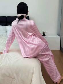 Dreamivo 2pcs/Set Women's Striped Long Sleeve Long Pants Pajama Set - Pink - View 2