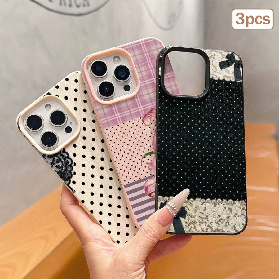 3 buah Casing Ponsel Pelindung Penuh TPU Tekstur Kulit Motif Polka Dot Kompatibel dengan Apple 11/12/13/14/15/16/17 Pro Max - Hitam + Merah Muda + Putih Klasik - View 1