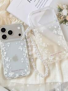 Smartphone Case With Camellia Charm And Pearl Strap, Matte Finish, White Floral Border On Both Sides, Korean Style, Cute, Compatible With IPhone 18 Pro Max/17/16/15/14/13/12/11 And All Models, Minimalist Design, Unisex, Shockproof, Shock-Absorbing, Anti-Drop, Scratch-Resistant, Anti-Fingerprint, Non-Slip, Perfect For Birthdays And Anniversaries - Translucent + Pearl Chain - View 3