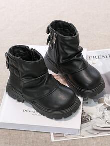 Children's Vintage Ruched Stacked Ankle Boots, Side Zipper Soft Leather Non-Slip Fashion Boots - Black - View 4