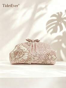 Tidet Ever Champagne Sequin Floral Embroidered Women's Clutch Bag, Rhinestone Bow Kiss Lock, Wedding Bridal Bag, Popular Formal Evening Handbag - Champagne - View 1