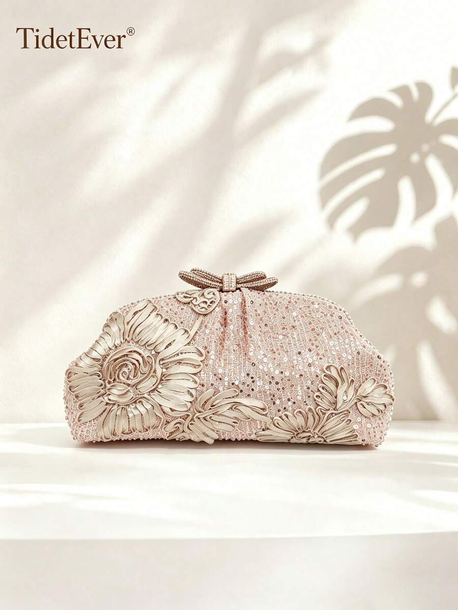 Tidet Ever Champagne Sequin Floral Embroidered Women's Clutch Bag, Rhinestone Bow Kiss Lock, Wedding Bridal Bag, Popular Formal Evening Handbag - Champagne - View 1
