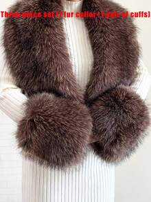Faux Fur Collar Cuffs Set Winter Fluffy Shawl, 3 Options: Collar+Cuffs / Single Collar / Cuffs Only - Multicolor - View 20