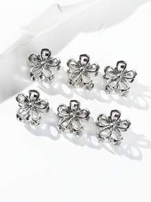 6pcs Women's Solid Color Metal Hollow Floral Hair Claw Clips, Y2K Personalized Street Style Side Hair Clips, Fashionable Campus Outfit, Suitable For Party, Prom, Daily Wear - Silver - View 1