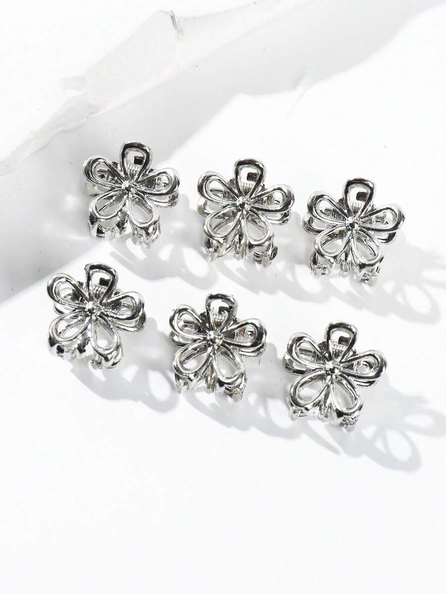 6pcs Women's Solid Color Metal Hollow Floral Hair Claw Clips, Y2K Personalized Street Style Side Hair Clips, Fashionable Campus Outfit, Suitable For Party, Prom, Daily Wear - Silver - View 1
