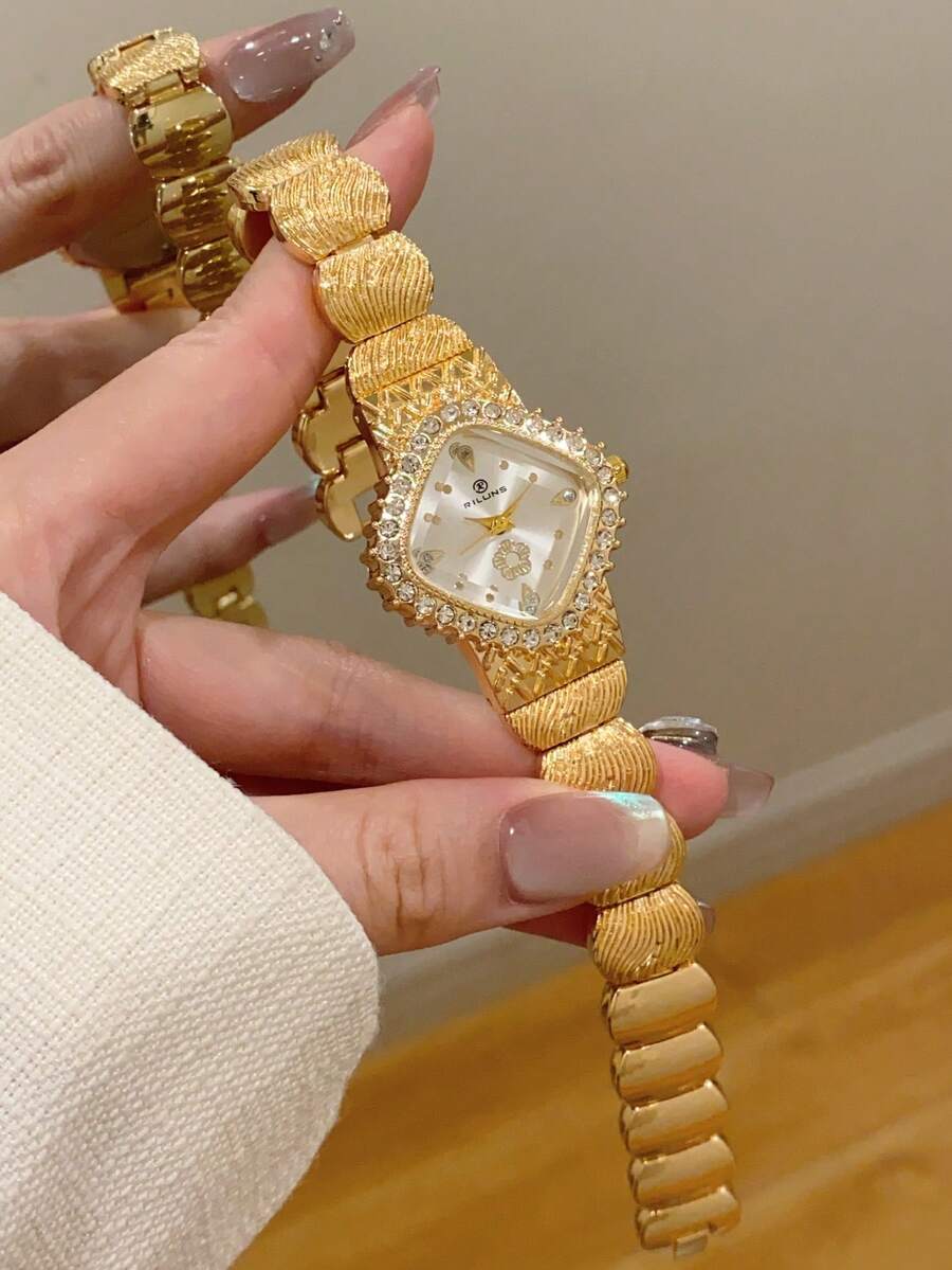 1件女款金色方形多邊形石英手錶,散發低調奢華與優雅,百搭風格,完美禮物與派對配件 - 金色 - 查看 1
