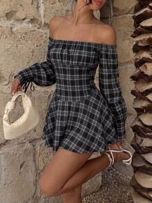 Autumn New Square Neck Plaid Long Sleeve Y2K Style Cinched Cinched Waist Short Dress - Black - View 1