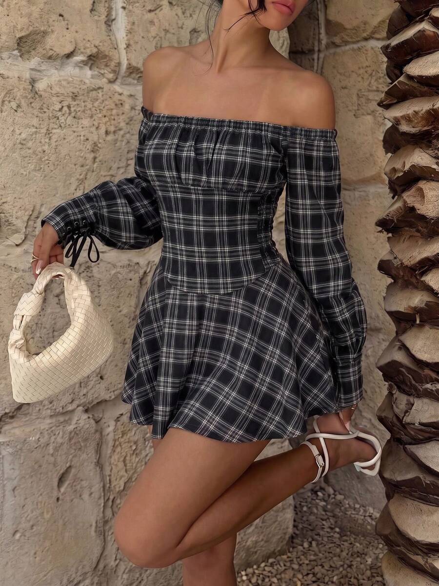 Autumn New Square Neck Plaid Long Sleeve Y2K Style Cinched Cinched Waist Short Dress - Black - View 1
