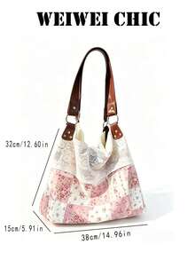Pink Floral Plaid Patchwork Shoulder Bag With White Lace Overlay, Adjustable PU Wide Strap Large Capacity Hobo Tote Bag For Casual Daily Outings - Pink - View 2