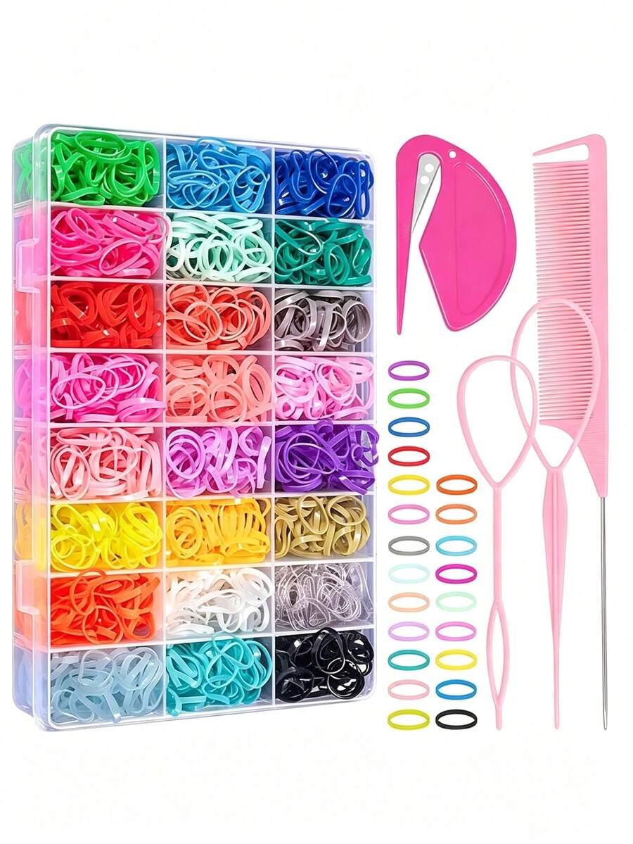 24 Colors High Elasticity Hair Band 4-Piece Set With Styling Tool Storage Box, Colorful Casual Hair Accessories Pink Tone, Back To School Campus Supplies And Autumn Daily Hair Styling Accessories - Multicolor - View 1