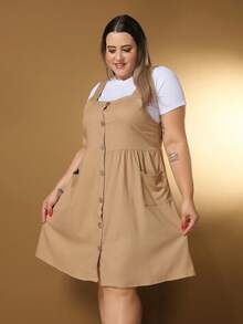 New Plus Size Linen Button-Down Short Dress With Pockets - Mocha Brown - View 6