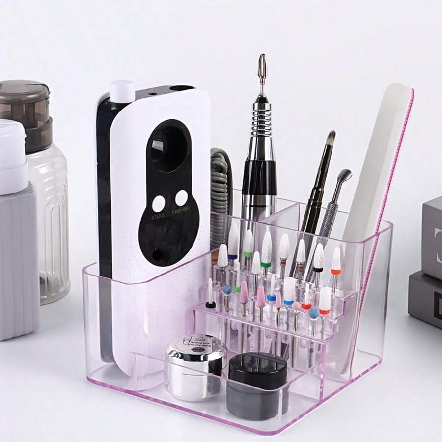 1pc Nail Drill & Drill Bit Holder, 28-Slot Transparent Plastic Desktop Storage Rack, Skincare Product Organizer, Small Tool Storage, Professional Nail Tool Organizer Box (ABS) - Multicolor - View 1