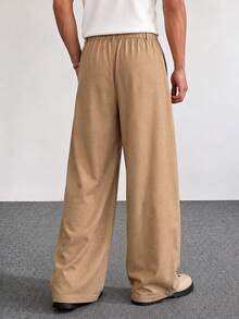 Men's Khaki Wide Leg Casual Pants, Drapey Comfortable Versatile Commuter Long Pants - Brown - View 2