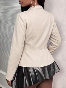 Women's Fashion Long Sleeve Regular Fit Zip-Up Round Neck Woven Fabric Shacket - Apricot - View 6
