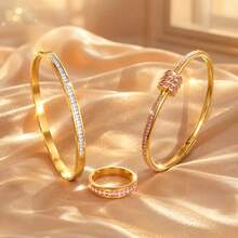 3pcs/Set Women's Elegant Premium Gold-Plated Jewelry Set, Romantic Pink Rhinestone Knot Bracelet & Ring With Clear Crystal Bangle, Sweet Pure Style, Gift Recommendation, Versatile For Daily Wear - Gold - View 5