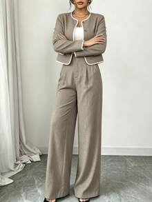 Round Neck Contrast Trim Short Blazer & Wide Leg Pants 2 Pieces Set, Khaki Textured High Waist Drape Trousers, Women's Business Casual Commute Luxury Suit - Apricot - View 5