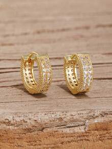 1 Pair Fashion Minimalist Round Earrings With Artificial Cubic Zirconia Studs, Elegant Elegant, Suitable For Women's Daily Wear, Banquet, Holiday Gift - Gold - View 2