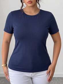 Women's Plus Size 2-In-1 Short Sleeve T-Shirt Solid Activewear Top With Built-In Support Workout Yoga Tee - Navy Blue - View 4