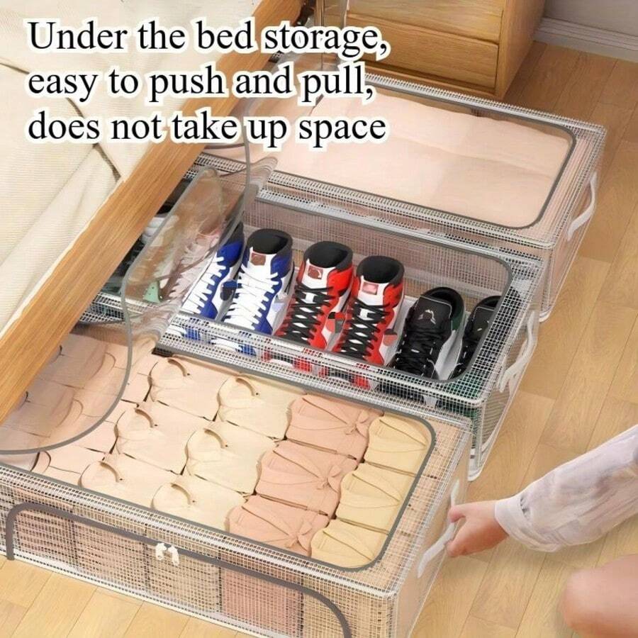 1pc Rectangular Shoe Box, Transparent PVC Material, Multi-Functional Storage, Steel Frame Support, With 2 Removable Windows, Suitable For Sneakers And High Heels, Can Be Placed Under Bed, Dust-Proof Foldable Underbed Shoe Box