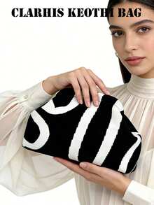 Ladies Contrast Geometric Stripe Knitted Evening Bag, Compact Lightweight Textured Hand Purse Matching Modern Minimalist Outfits - White - View 4
