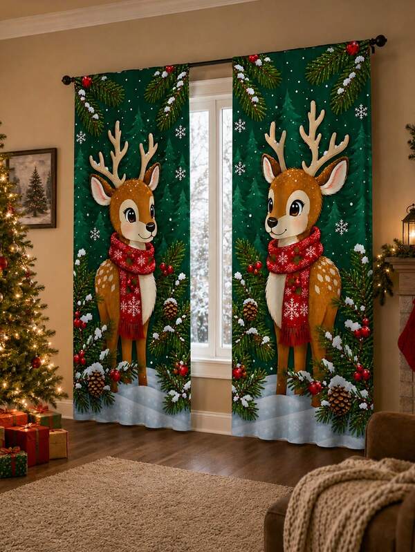2 piezas de cortinas con estampado navideño, tela de poliéster con bolsillo para barra, estampado de ciervo de dibujos animados verde oscuro con bufanda roja, rama de pino, baya roja, piña y copo de nieve, bosque invernal, estilo granja americana, lavable a máquina, adecuado para cocina, sala de estar, dormitorio, decoración de ventana navideña