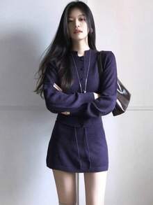 [Y6Y]Autumn Casual Knit Top & Skirt 2 Pieces Set, Button Knit Sweatshirt + A-Line Knit Skirt - Purple - View 7