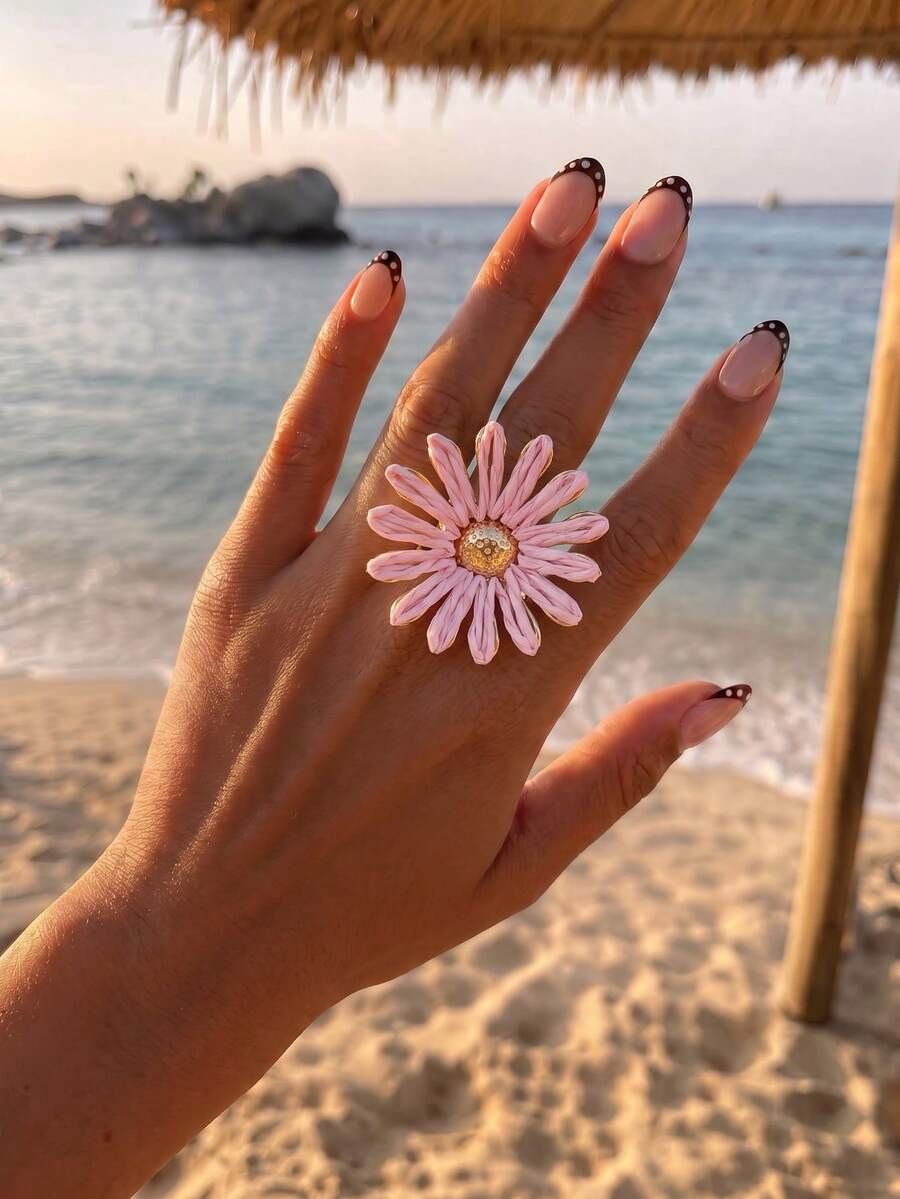 1件夏季清新風編織花朵拉菲草水鑽開口戒指，女款度假約會粉色飾品 - 粉色 - 查看 1