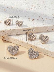 3 pares de pendientes de botón versátiles con forma de corazón, adecuados para uso diario (tarjeta solo para referencia, tarjeta aleatoria) - Dorado 1749 - Ver 4