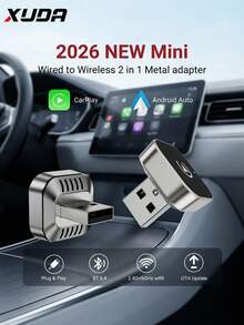 XUDA 2026 新款 2 合 1 無線 CarPlay / Android Auto 超迷你轉接器，2.4-5.0 GHz WiFi6 車載轉換器，有線轉無線，快速自動連接智能盒，無延遲，緊湊設計，時尚便攜，小巧精緻，配備 USB/USB-C 接口，無電池 - A - 查看 9