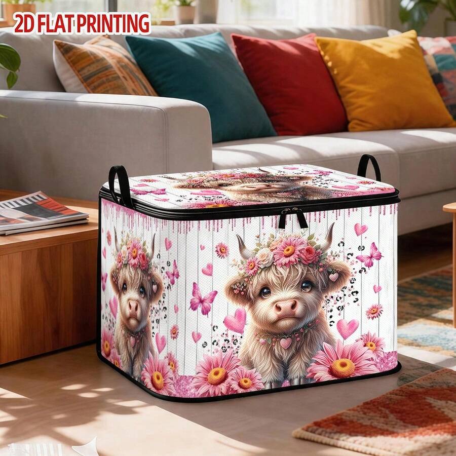 1pc Large Foldable Zipper Storage Box With Highland Long-Haired Calf Pattern, Suitable For Storing Holiday Supplies, Clothes, Pants And Bedding, Portable Storage Solution For Under-Bed Storage - View 1