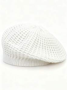 1pc Fashion Classic Warm Solid Color Knitted Beret Hat, Minimalist Painter Hat - White - View 2