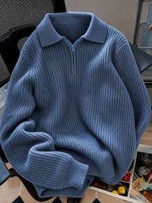 1pc Boys Teen Fashion College Minimalist Casual Solid Color Turn Collar Pullover Sweater Spring Autumn Winter Back To School - Blue - View 1