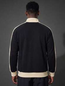 Camvyn Men's Autumn/Winter Casual Versatile Patchwork Loose Raglan Sleeve Polo Collar Sweatshirt - Black - View 2