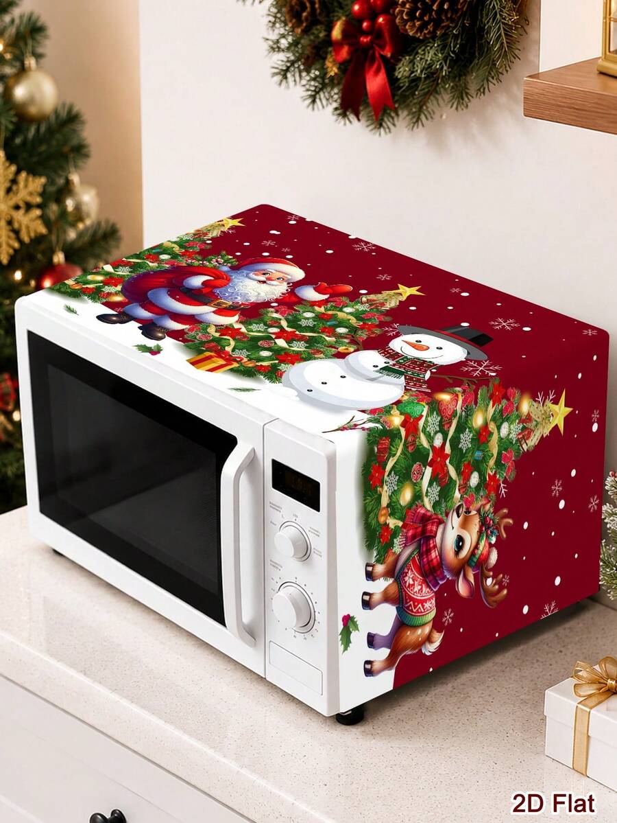 1 buah Penutup Oven Microwave Natal Merah Datar 2D, Penutup Pemanggang Roti Pola Santa, Rusa, dan Pohon dari Poliester, Pembungkus Anti Debu Pelindung untuk Dapur Liburan