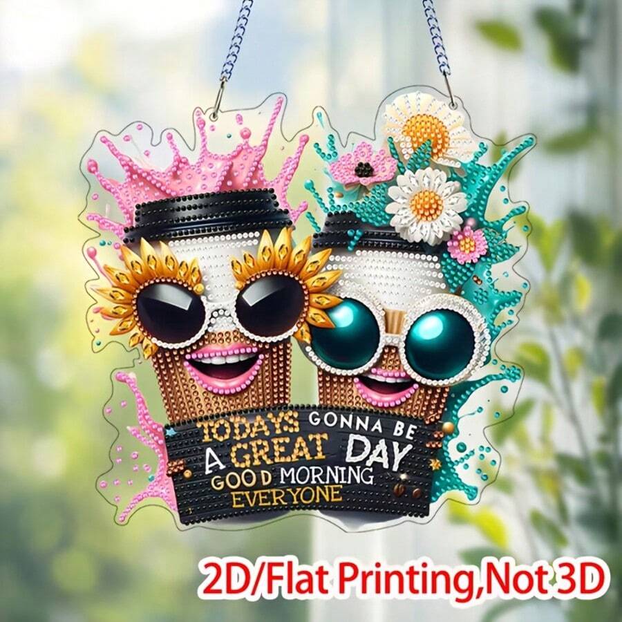 2D Diamond Painting Kit, Cartoon Coffee Design, Acrylic Canvas, Unique Crystal Diamonds, Perfect For Beginners, Home Decor - A - View 1