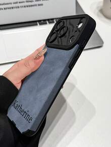 1件 DIY 定製姓名藍色麂皮紋理手機殼，適用於 Apple 18ProMax/17ProMax/16Pro/15/14Plus/13Pro/12ProMax/11/XsMax 及手機配件，男士商務極簡全包防摔人造皮革保護殼 - 藍色 - 查看 4