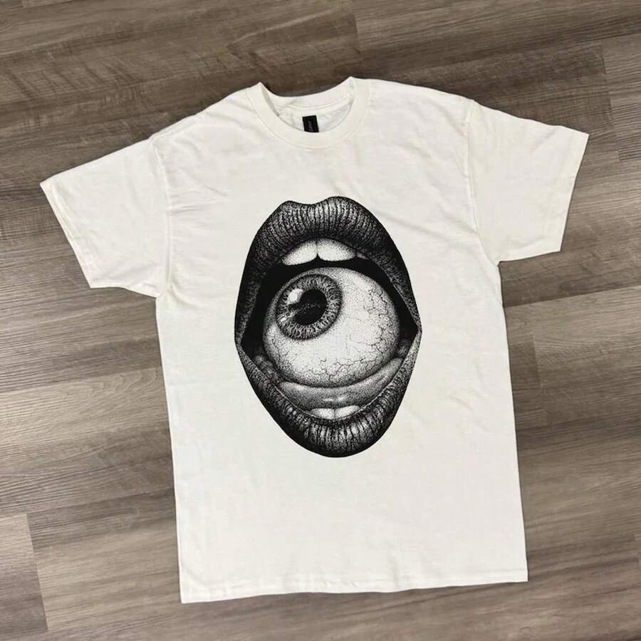 Camiseta con gráfico de ojo, Camiseta con gráfico de ojo en la boca, Camiseta de arte surrealista en blanco y negro, Camiseta con gráfico de arte glitch, Camiseta con rostro distorsionado - Blanco - Ver 1