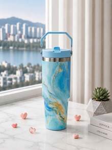 1個 30oz/900ml 垂直條紋蝴蝶結印花保溫隨行杯，馬卡龍四色少女風 304不鏽鋼冰飲杯，可折疊手把，翻蓋吸管防漏杯蓋，真空長效保溫保冷杯，可重複使用大容量水壺，適合學校、通勤、車內、戶外健身、旅行，秋季水壺，旅行必備，聖誕禮物，大學必備，送給女性的禮物 - 彩色 - 查看 13
