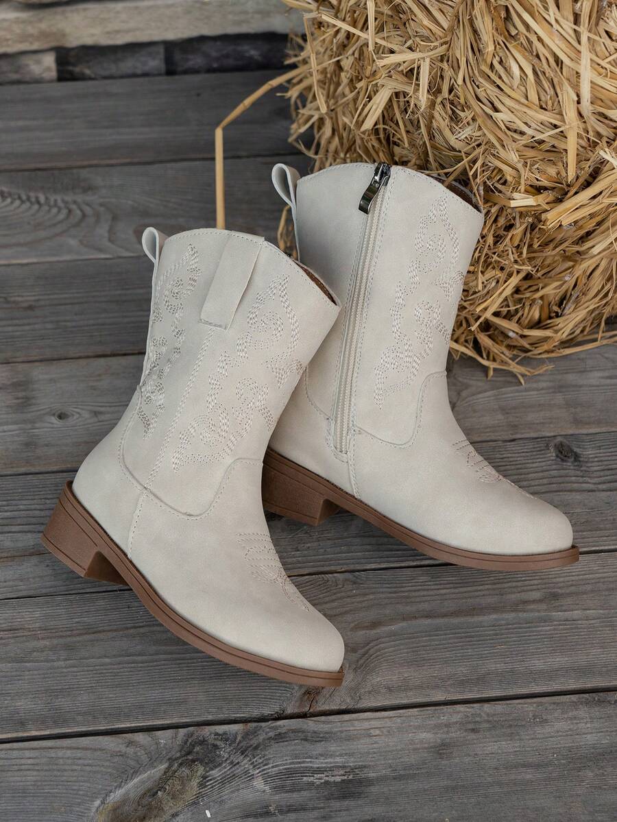 1 Pair Of Fashionable Classic Embroidered Children's Boots For All Seasons, Unique Style, Western Cowboy Boots, Midcalf Boots Suitable For All Kinds - Beige - View 1
