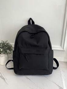 1 pieza Mochila clásica de estudiante de gran capacidad y unicolor para mujer, bolso versátil para ir al trabajo con múltiples bolsillos - Negro - Ver 12